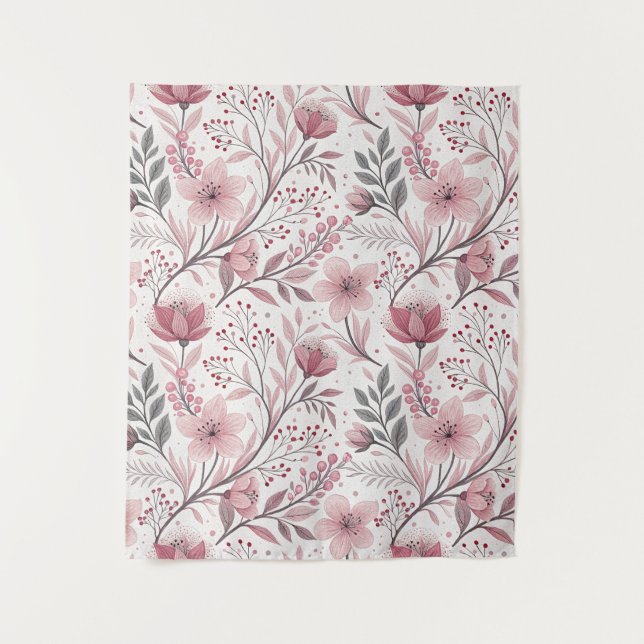 Pink Cherry Blossom Sakura Pattern on White (3) Tapestry (Front)