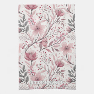 Pink Cherry Blossom Sakura Pattern on White (3) Tea Towel