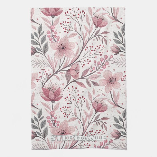 Pink Cherry Blossom Sakura Pattern on White (3) Tea Towel (Vertical)