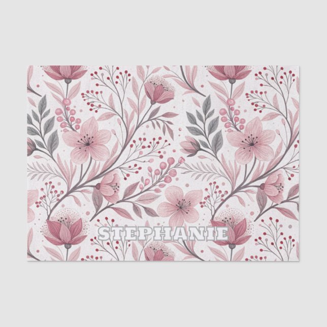 Pink Cherry Blossom Sakura Pattern on White (3) Tissue Paper (Front)