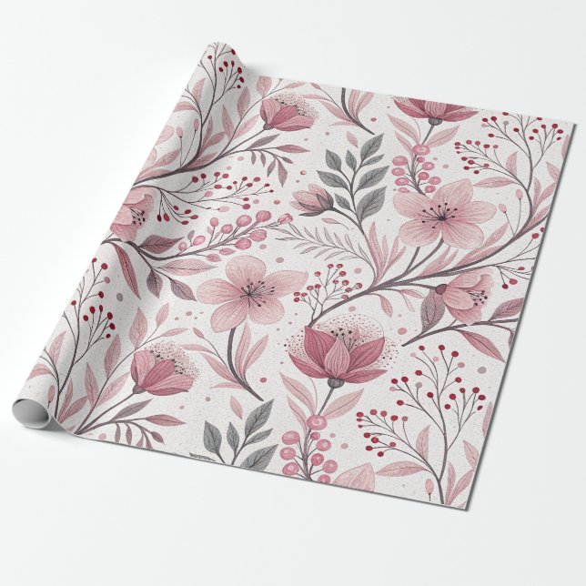 Pink Cherry Blossom Sakura Pattern on White (3) Wrapping Paper (Unrolled)