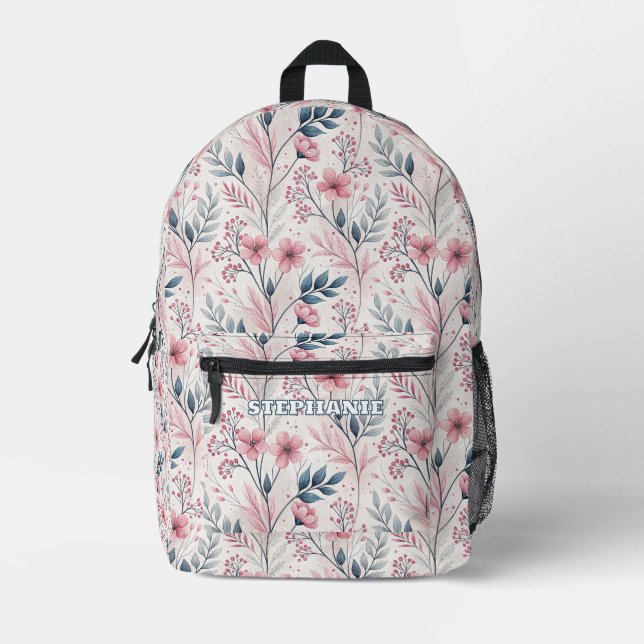 Pink Cherry Blossom Sakura Pattern on White (4) Printed Backpack (Front)