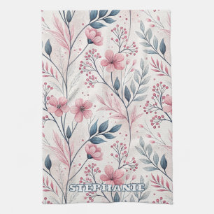 Pink Cherry Blossom Sakura Pattern on White (4) Tea Towel