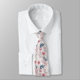 Pink Cherry Blossom Sakura Pattern on White (4) Tie