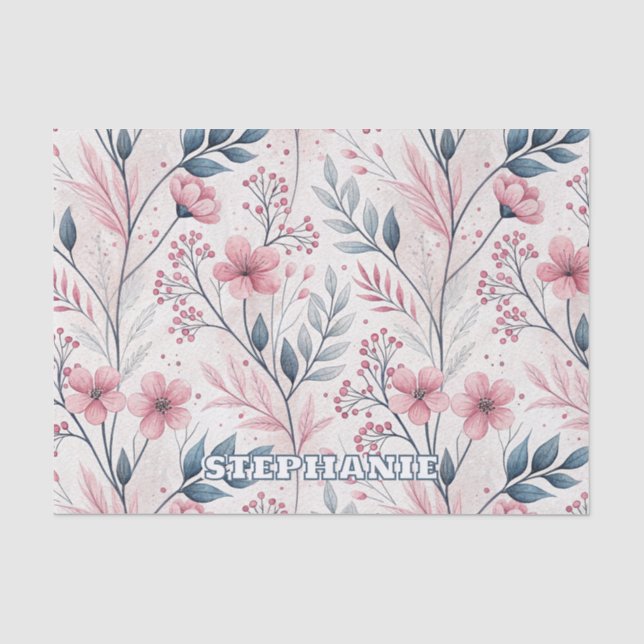 Pink Cherry Blossom Sakura Pattern on White (4) Tissue Paper (Front)