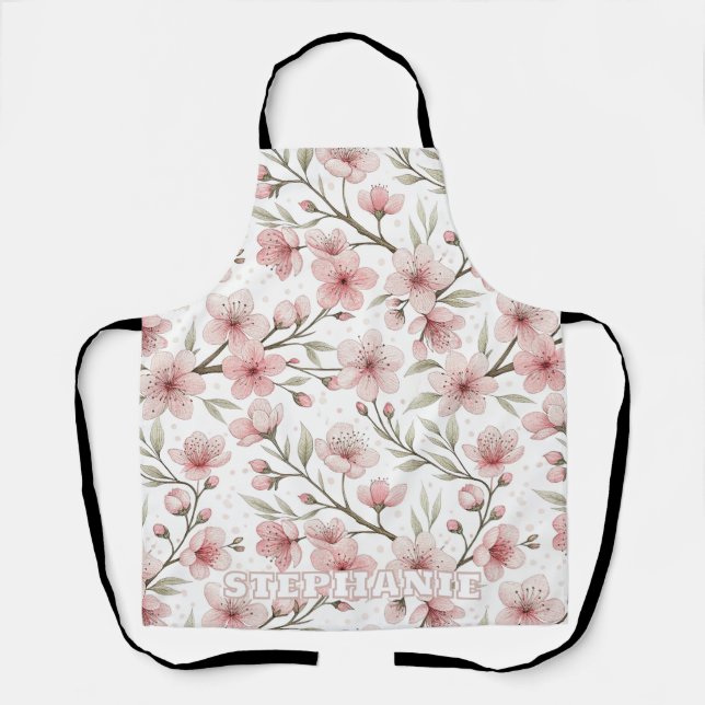 Pink Cherry Blossom Sakura Pattern on White (5) Apron (Front)