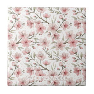 Pink Cherry Blossom Sakura Pattern on White (5) Ceramic Tile