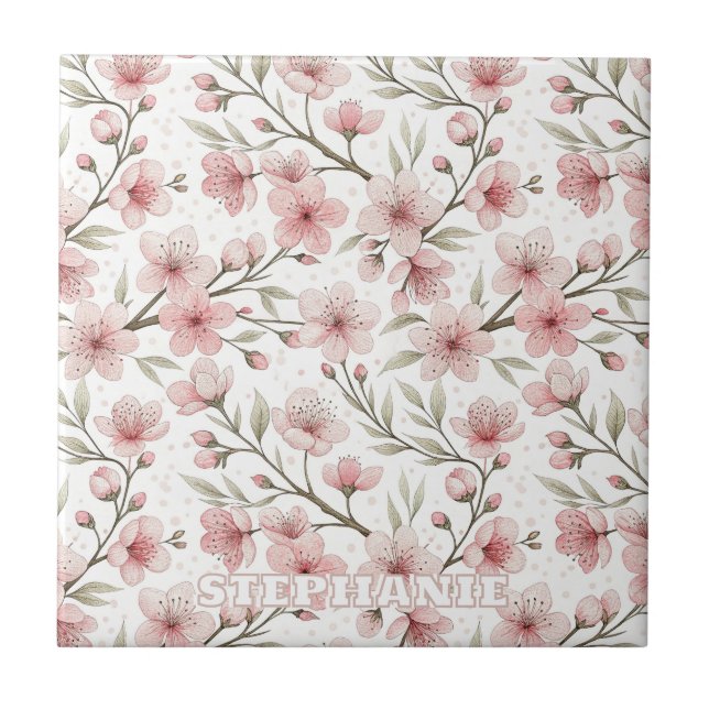 Pink Cherry Blossom Sakura Pattern on White (5) Ceramic Tile (Front)