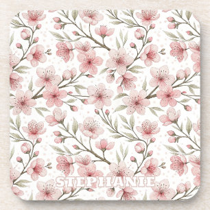 Pink Cherry Blossom Sakura Pattern on White (5) Coaster