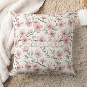 Pink Cherry Blossom Sakura Pattern on White (5) Cushion