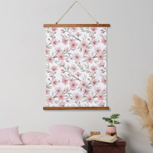 Pink Cherry Blossom Sakura Pattern on White (5) Hanging Tapestry