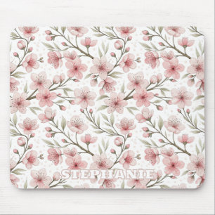 Pink Cherry Blossom Sakura Pattern on White (5) Mouse Pad