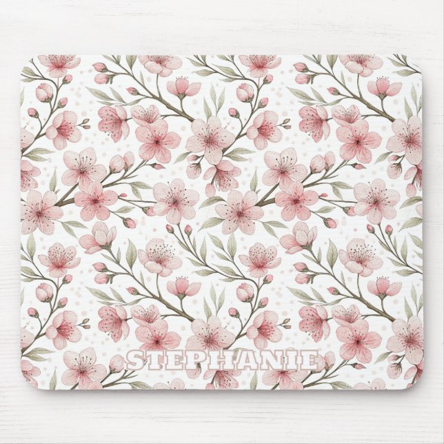 Pink Cherry Blossom Sakura Pattern on White (5) Mouse Pad (Front)
