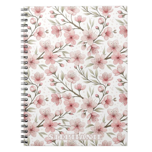 Pink Cherry Blossom Sakura Pattern on White (5) Notebook (Front)