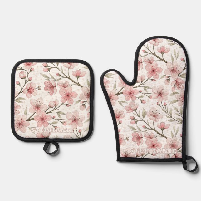 Pink Cherry Blossom Sakura Pattern on White (5) Oven Mitt & Pot Holder Set (Front)