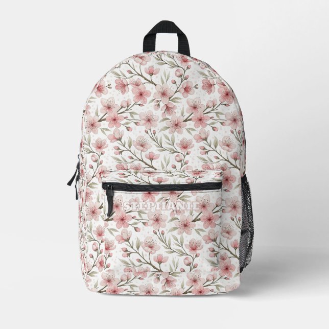Pink Cherry Blossom Sakura Pattern on White (5) Printed Backpack (Front)