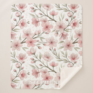 Pink Cherry Blossom Sakura Pattern on White (5) Sherpa Blanket