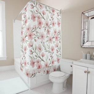 Pink Cherry Blossom Sakura Pattern on White (5) Shower Curtain