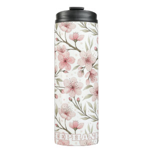 Pink Cherry Blossom Sakura Pattern on White (5) Thermal Tumbler
