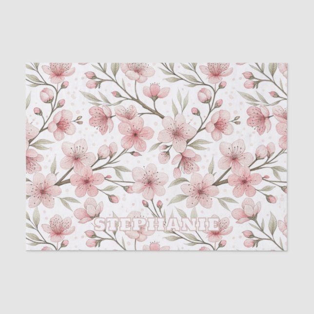 Pink Cherry Blossom Sakura Pattern on White (5) Tissue Paper (Front)