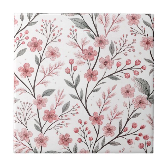 Pink Cherry Blossom Sakura Pattern on White Ceramic Tile (Front)