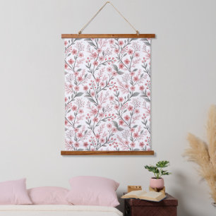 Pink Cherry Blossom Sakura Pattern on White Hanging Tapestry