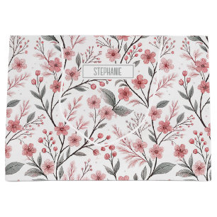 Pink Cherry Blossom Sakura Pattern on White Large Gift Bag