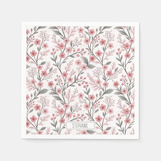 Pink Cherry Blossom Sakura Pattern on White Napkin (Front)