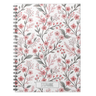 Pink Cherry Blossom Sakura Pattern on White Notebook