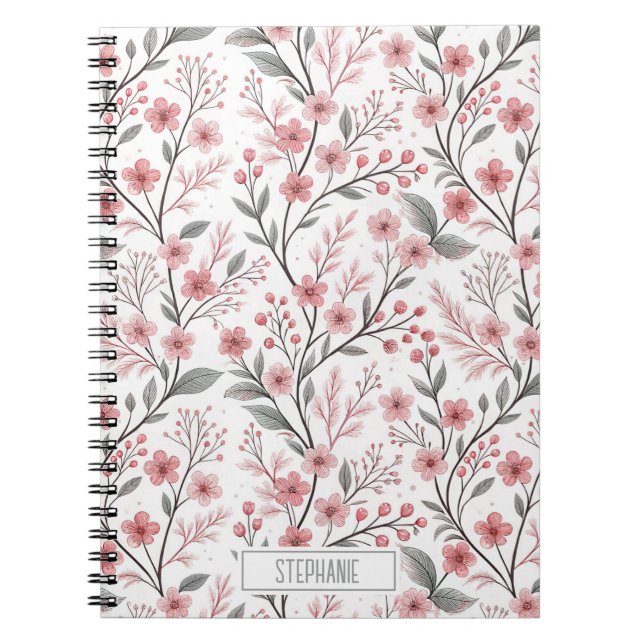 Pink Cherry Blossom Sakura Pattern on White Notebook (Front)