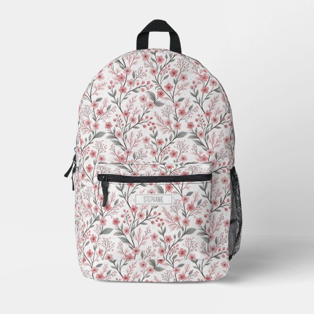 Pink Cherry Blossom Sakura Pattern on White Printed Backpack (Front)