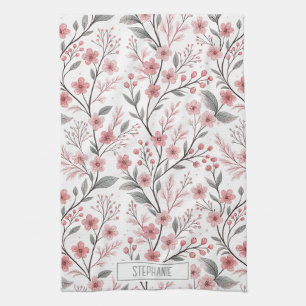 Pink Cherry Blossom Sakura Pattern on White Tea Towel