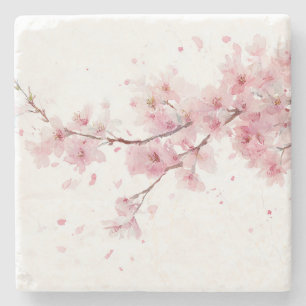 Pink Cherry Blossom Sakura Watercolor Floral Boho Stone Coaster