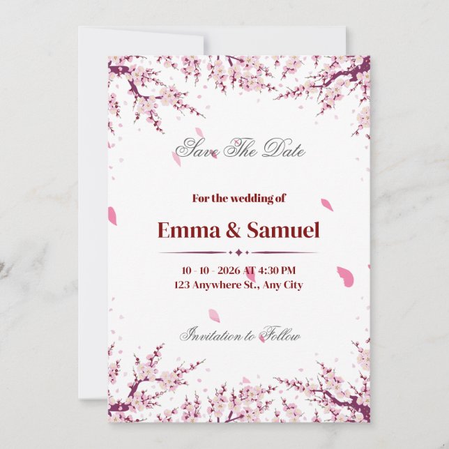Pink Cherry Blossom Save The Date Card (Front)