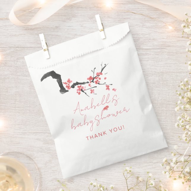 Pink Cherry Blossom Script Baby Shower Favour Bag (Clipped)