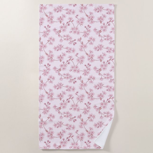 Pink Cherry Blossom Seamless Floral Pattern Beach Towel (Front)