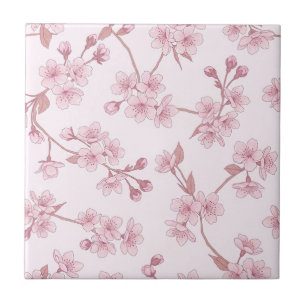 Pink Cherry Blossom Seamless Floral Pattern Ceramic Tile