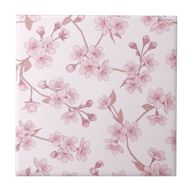 Pink Cherry Blossom Seamless Floral Pattern Ceramic Tile (Front)
