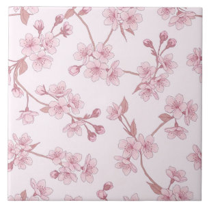 Pink Cherry Blossom Seamless Floral Pattern Ceramic Tile