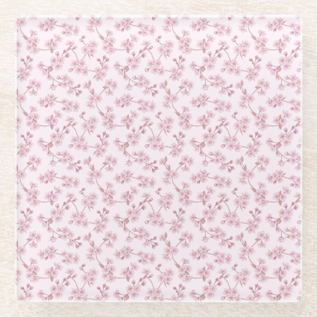 Pink Cherry Blossom Seamless Floral Pattern Glass Coaster (Front)