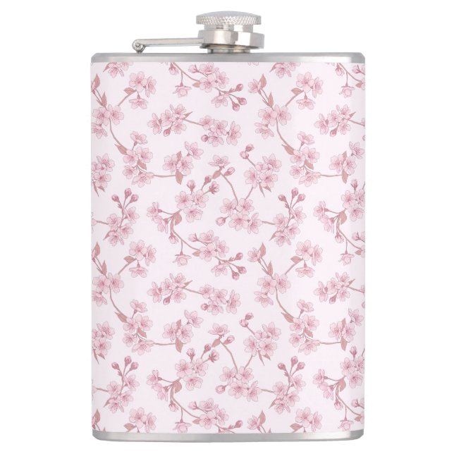Pink Cherry Blossom Seamless Floral Pattern Hip Flask (Front)