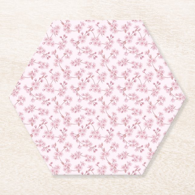 Pink Cherry Blossom Seamless Floral Pattern Paper Coaster (Front)