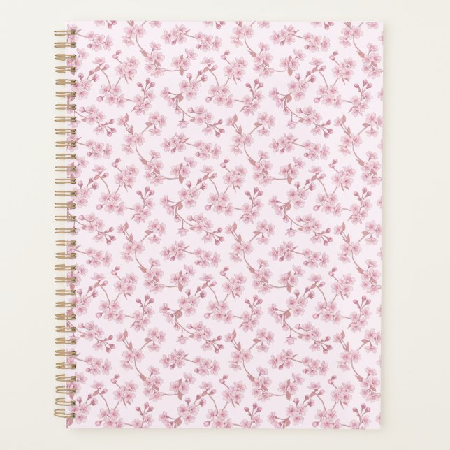 Pink Cherry Blossom Seamless Floral Pattern Planner (Front)
