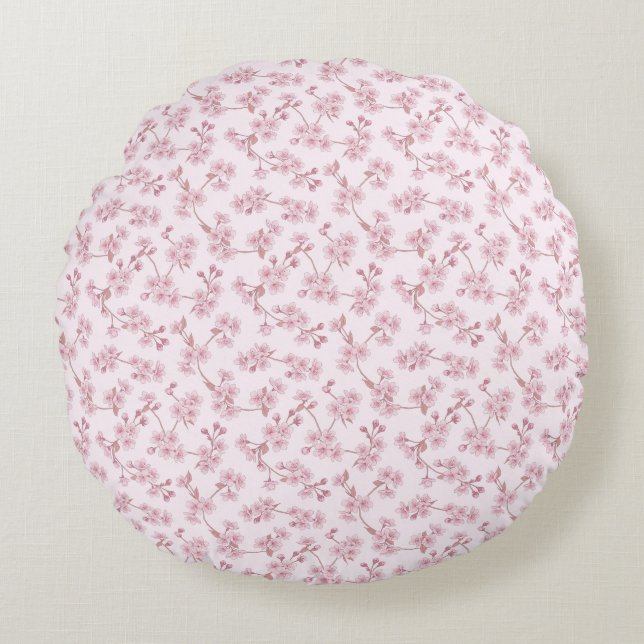 Pink Cherry Blossom Seamless Floral Pattern Round Cushion (Front)