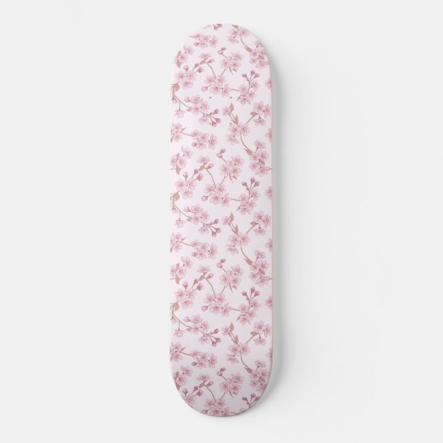 Pink Cherry Blossom Seamless Floral Pattern Skateboard (Front)