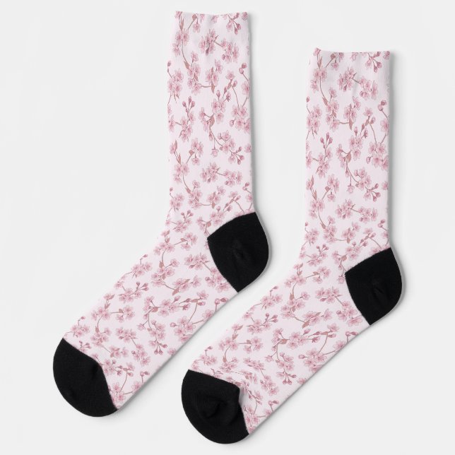 Pink Cherry Blossom Seamless Floral Pattern Socks (Left)