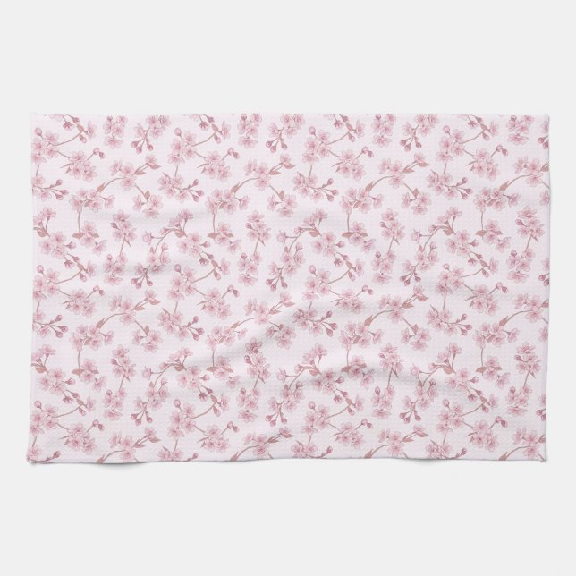 Pink Cherry Blossom Seamless Floral Pattern Tea Towel (Horizontal)