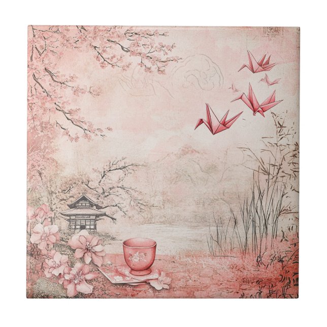 Pink Cherry Blossom Serenity Landscape  (1) Ceramic Tile (Front)