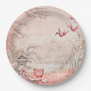 Pink Cherry Blossom Serenity Landscape (1) Paper Plate