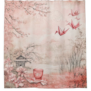 Pink Cherry Blossom Serenity Landscape (1) Shower Curtain